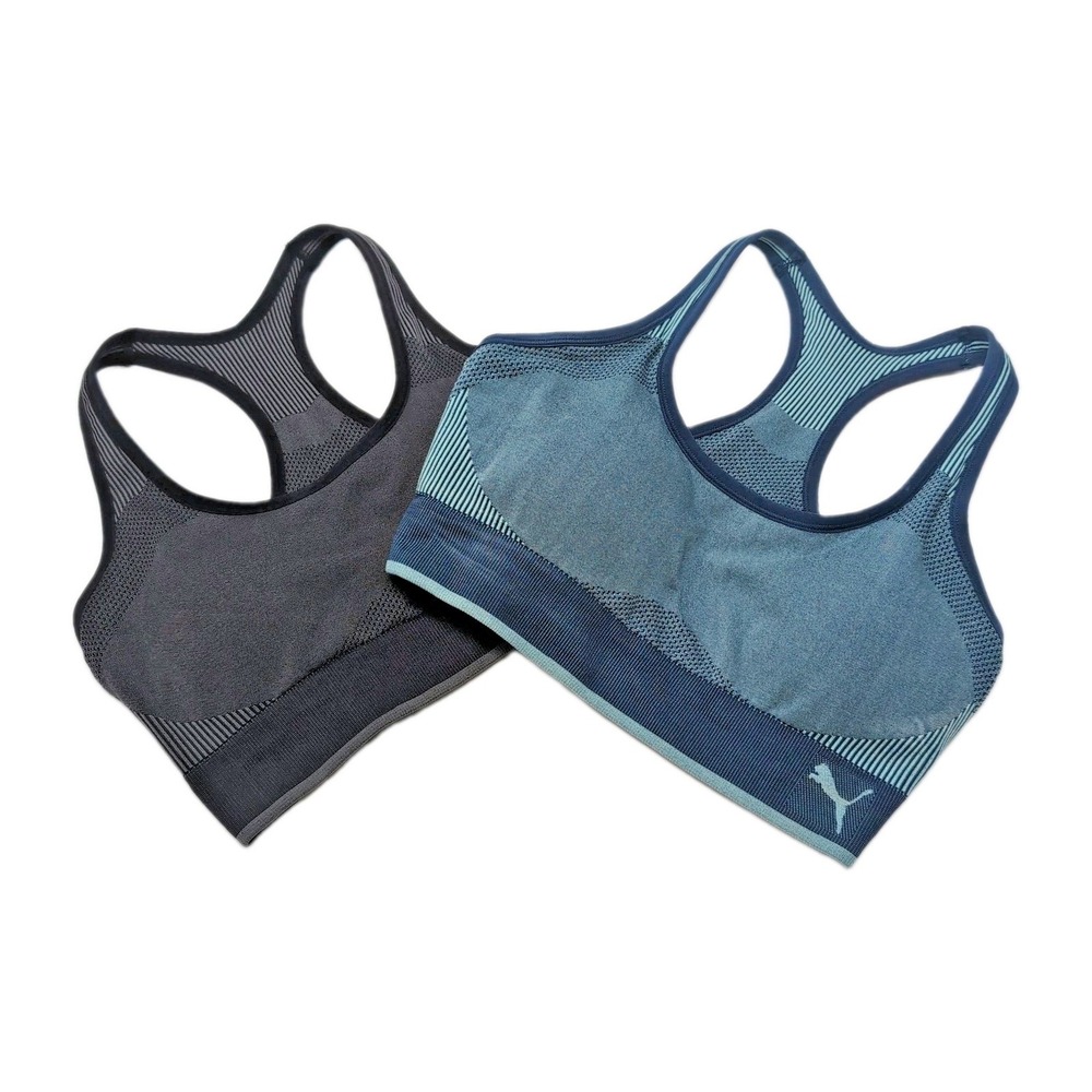 PUMA Sports Bras Size M Lot Set Of 2 Blue Black Racerback Athletic Gym Workout